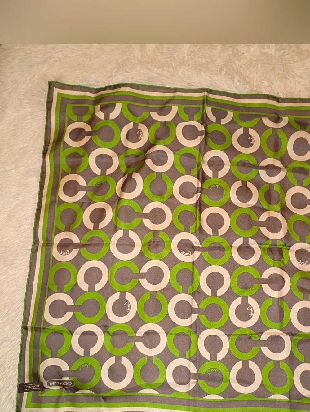Coach Green & Gray Signature Pattern Silk Scarf 25